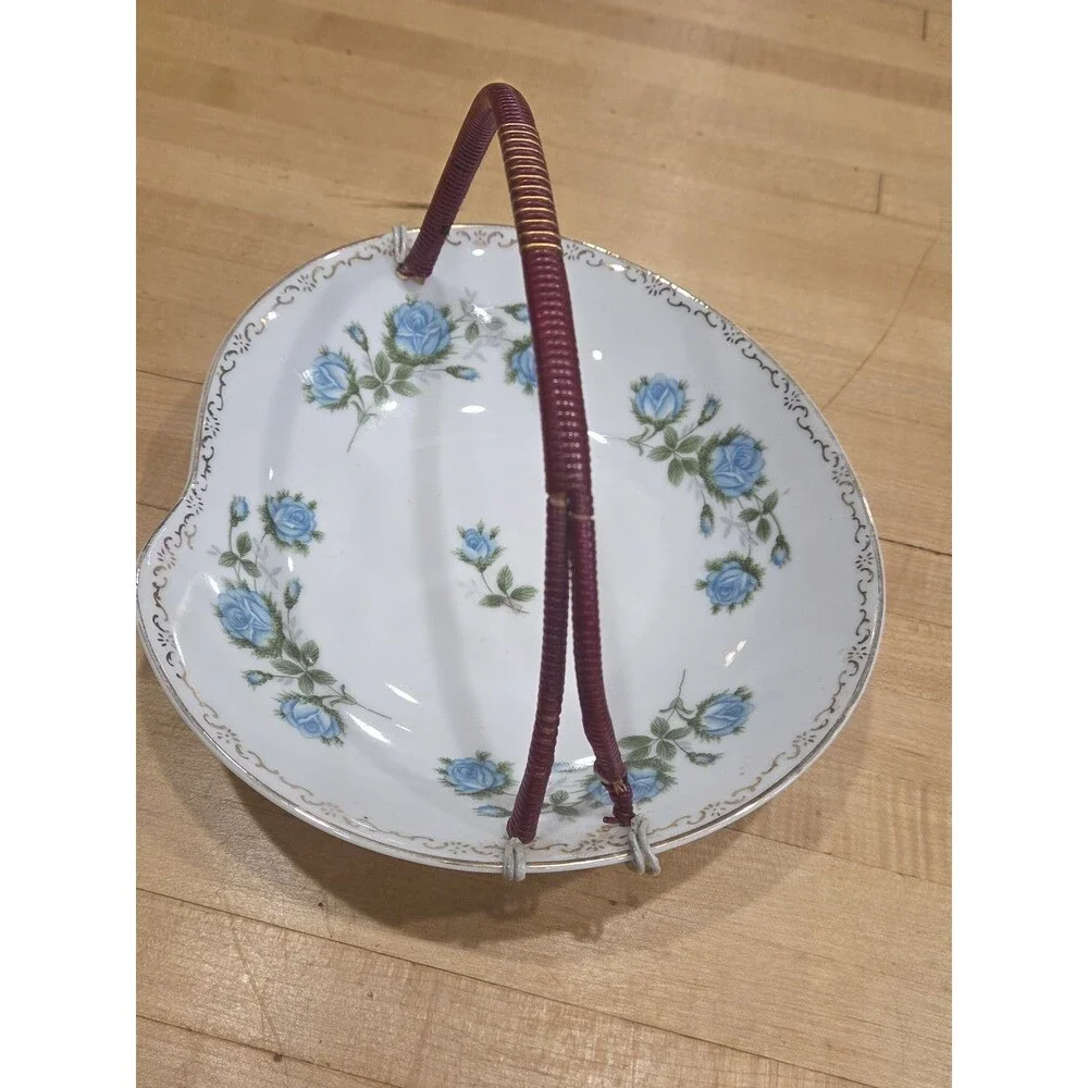 Vintage Porcelain Bon Bon Dish Wicker Handle Blue Roses Gilt Rim As Is